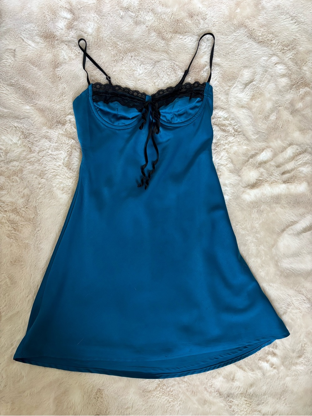 Silky Teal Slip Dress with Black Lace Trim